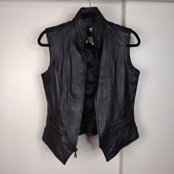 Nordstrom Black Leather Moto Full Zip Vest Zip Pockets Womens Size S Lined Biker - Picture 3 of 8